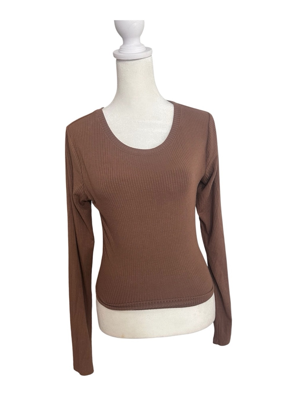 Bozzolo Brown Ribbed Long Stretch Top Women’s Medium Rayon Blend Basic Tee